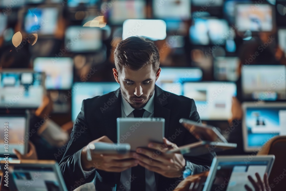 Poster a concentrated businessman multitasks with various devices in a high-tech command center