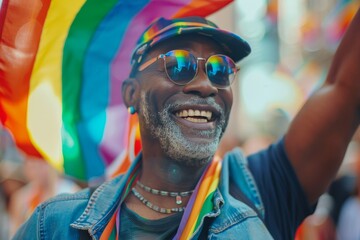 Person with raised arm, blurred face, wears denim and rainbow colors at a pride celebration, embodying diversity and freedom