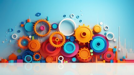 Colorful gears and geometric shapes interlock against a blue background, symbolizing teamwork, innovation, and collaboration.