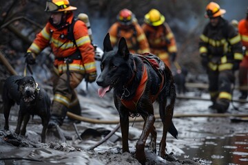 Firefighters and Rescue Dogs Searching for Survivors in Disaster Scene