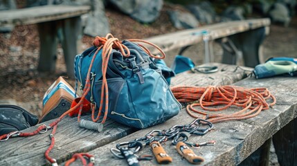 A rock climbing chalk bag and brush on a wooden bench, with a few scattered climbing ropes and carabiners, representing the essential gear required for the sport.