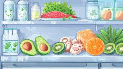 An open fridge filled with various healthy food items neatly arranged on the shelves.

