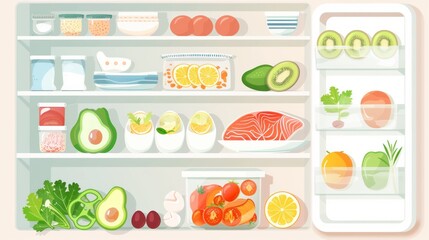 An open fridge filled with various healthy food items neatly arranged on the shelves.

