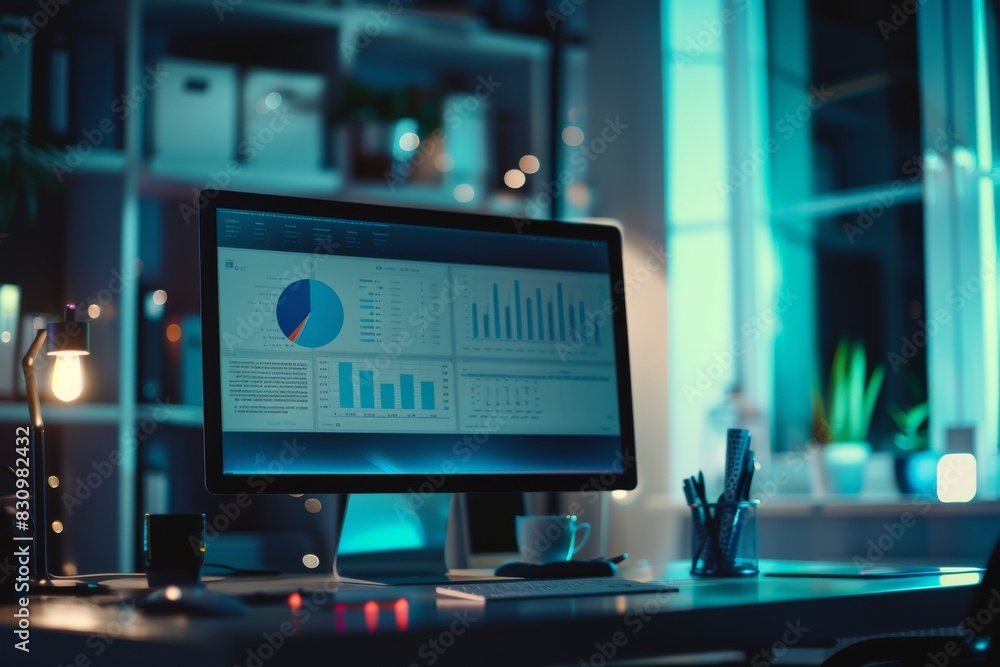 Poster a work station with a computer displaying data charts and graphs during an atmospheric evening