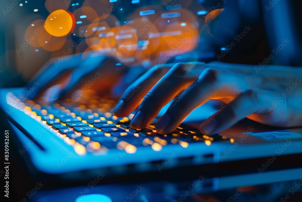 Poster close-up of hands typing on a backlit laptop keyboard with glowing data and connection orbs floating