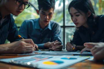 Group of business professionals discussing over financial charts and data at a board meeting