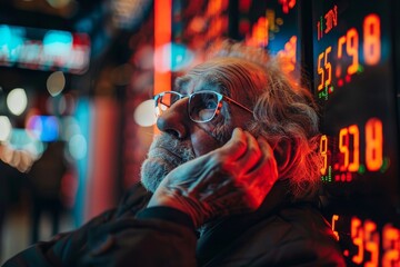 An elderly man with spectacles looks contemplative surrounded by stock exchange market numbers reflecting in a window