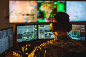 Obraz premium Drone Operator Navigating Military Command Center Interfaces