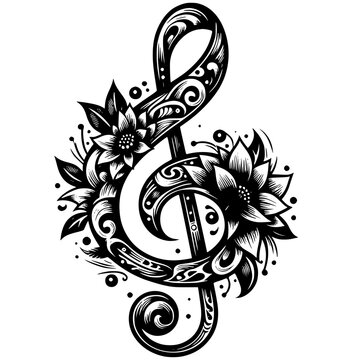 recommend clip art: good teste of music, treble clef with flower element, editable stroke, vector art ready for your brand.