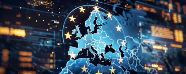 Abstract map of the European Union with stars representing each country in blue and gold or yellow colors