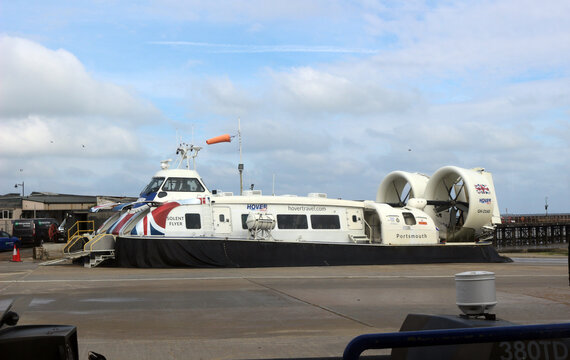 Passenger hovercraft parked at the Ryde Hoverport Terminal, Isle of Wight, Uk, May 12 2023.