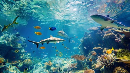 Fototapeta premium Animals of the underwater sea world. Ecosystem. Colorful tropical fish. Life in the coral reef