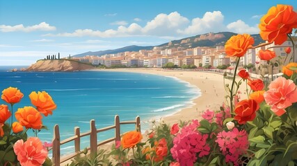 With the beach, fences, and flowers in the background, this is a Spanish seaside village.
