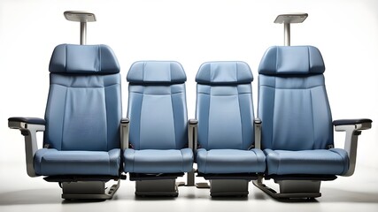 Isolated on a white background are three blue fabric airline seats with seat belts, signifying travel and transportation.