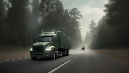 A large truck transports goods in a container on a road in a mountainous area. In the background is a delightful forest landscape