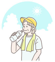 水分補給するシニア女性のイラスト