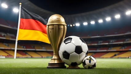 In a sports stadium, a football cup, a soccer ball, and the German flag.