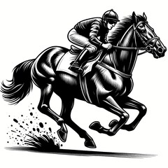 Obraz premium A jockey rides a muscular stallion on a horse race. Black and white illustration