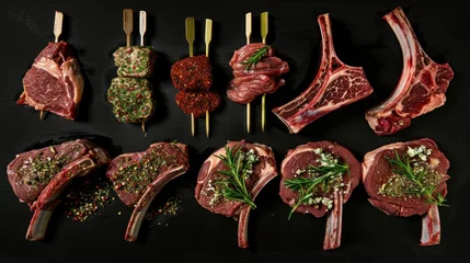 Crédence de cuisine Herbes Top view of various uncooked steaks including T-bone, tomahawk, sirloin, and ribeye.    © Chingiz