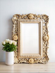 empty frame with a golden frame on a wooden background