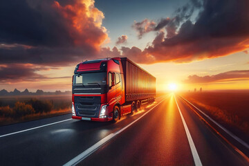 Large truck with trailer carrying goods on asphalt road at sunset