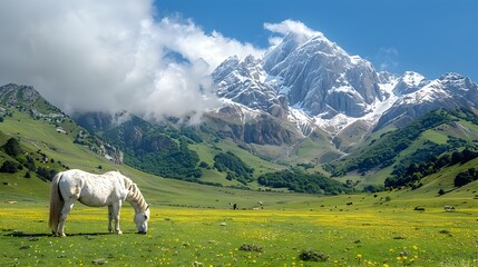 White Horse in Peaceful Green Meadow Basks Against the Majestic SnowCapped Pyrenees