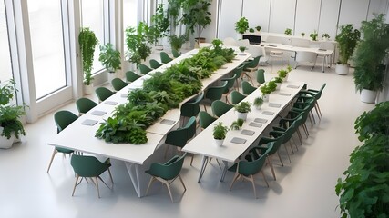 Top view of an office meeting concept using generative artificial intelligence, with a long table, chairs, and green plants against a light background.