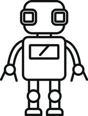 Cute cartoon robot icon illustration in simple black and white line art design, perfect for technology, artificial intelligence, and automation concepts