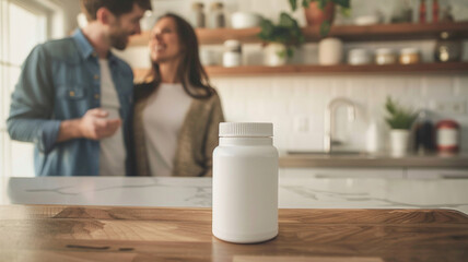 a white supplement bottle on a kitchen counter