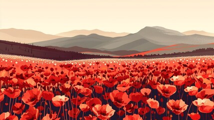 A picturesque landscape of a vast poppy field with vibrant red flowers, set against a backdrop of rolling hills and a serene sky.