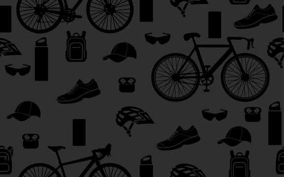 Seamless pattern Cycling Accessories repeatable vector pattern black dark background travel trip cycling boys things tours wallpaper, fabric, textile, travel items