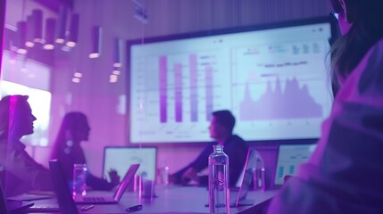 Company Operations Manager Holds Meeting Presentation Diverse Team Uses TV Screen with Growth Analysis Charts Statistics and Data People Work in Business Office : Generative AI