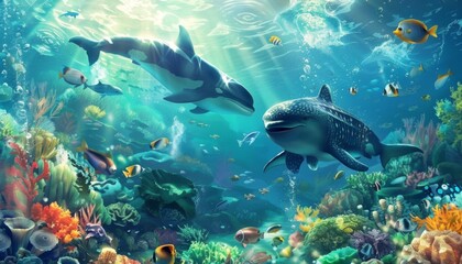 Animals of the underwater sea world. Ecosystem. Colorful tropical fish. Life in the coral reef