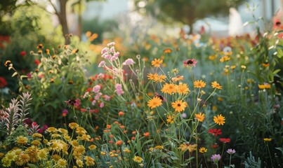 A vibrant community garden bursts with diverse plants and colorful flowers. The lively scene, filled with greenery and blossoms, leaves open areas perfect for overlaying text without distraction.