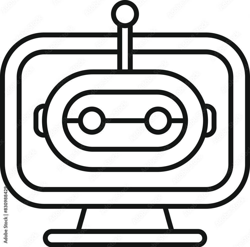 Poster line art illustration of a friendly cartoon robot face displayed on a computer monitor
