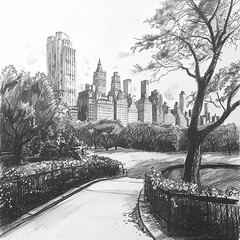 Black and white sketch of Central Park in New York on a cloudy day