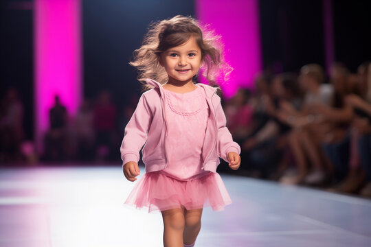 A little beautiful girl walks down the runway catwalk fashion show, Little girl fashion model, - Powered by Adobe