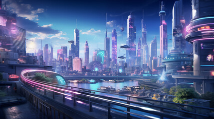 Fototapeta premium A futuristic city with fantastic neon lights.