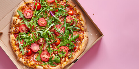 Fresh hot pizza in an open package on a pink background