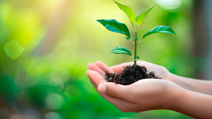 Hands gently hold a young plant with soil against the background of nature