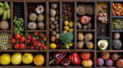 A diverse assortment of fruits vegetables and spices inside a wooden container - Powered by Adobe