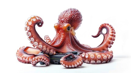 Cool octopus holding a joystick and playing video games isolated on white background. Generative Ai