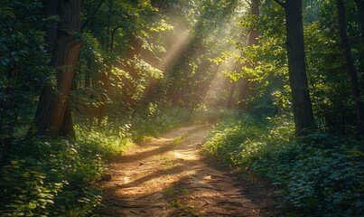 Obraz premium A sunlit path winds through a dense forest, with dappled light filtering through the trees. The inviting path and clearings offer perfect spots for adding text in a naturally beautiful setting.