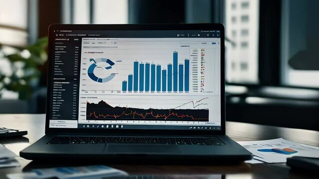 Laptop with a diagram of financial activity in world markets, world economy, exchanges, stocks, cryptocurrency, labor monetization.
