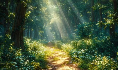 Obraz premium A sunlit path winds through a dense forest, with dappled light filtering through the trees. The inviting path and clearings offer perfect spots for adding text in a naturally beautiful setting.