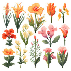 set of Canna Lily, plants, leaves and flowers. illustrations of beautiful realistic flowers for background, pattern or wedding invitations