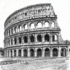 Black and white sketch of the Colosseum in Rome with white background