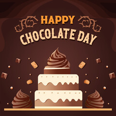Happy Chocolate Day Banner and greeting card, with beautiful typography, pudding cake and chocolate biscuit sprinkles with dark chocolate nuances