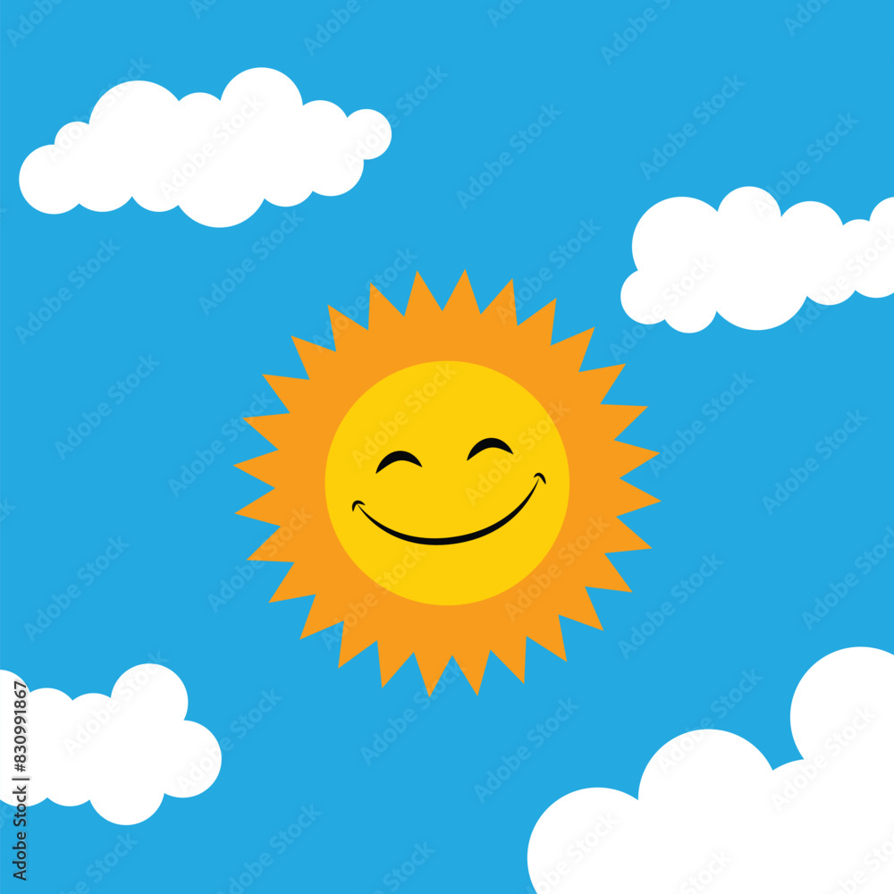 Poster smiling sun with clouds isolated on blue background.