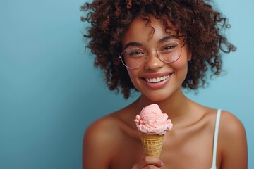 Smiling ethnic woman with ice cream